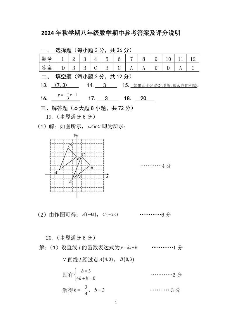2024年秋学期八年级数学期中考试参考答案及评分说明(1)第1页