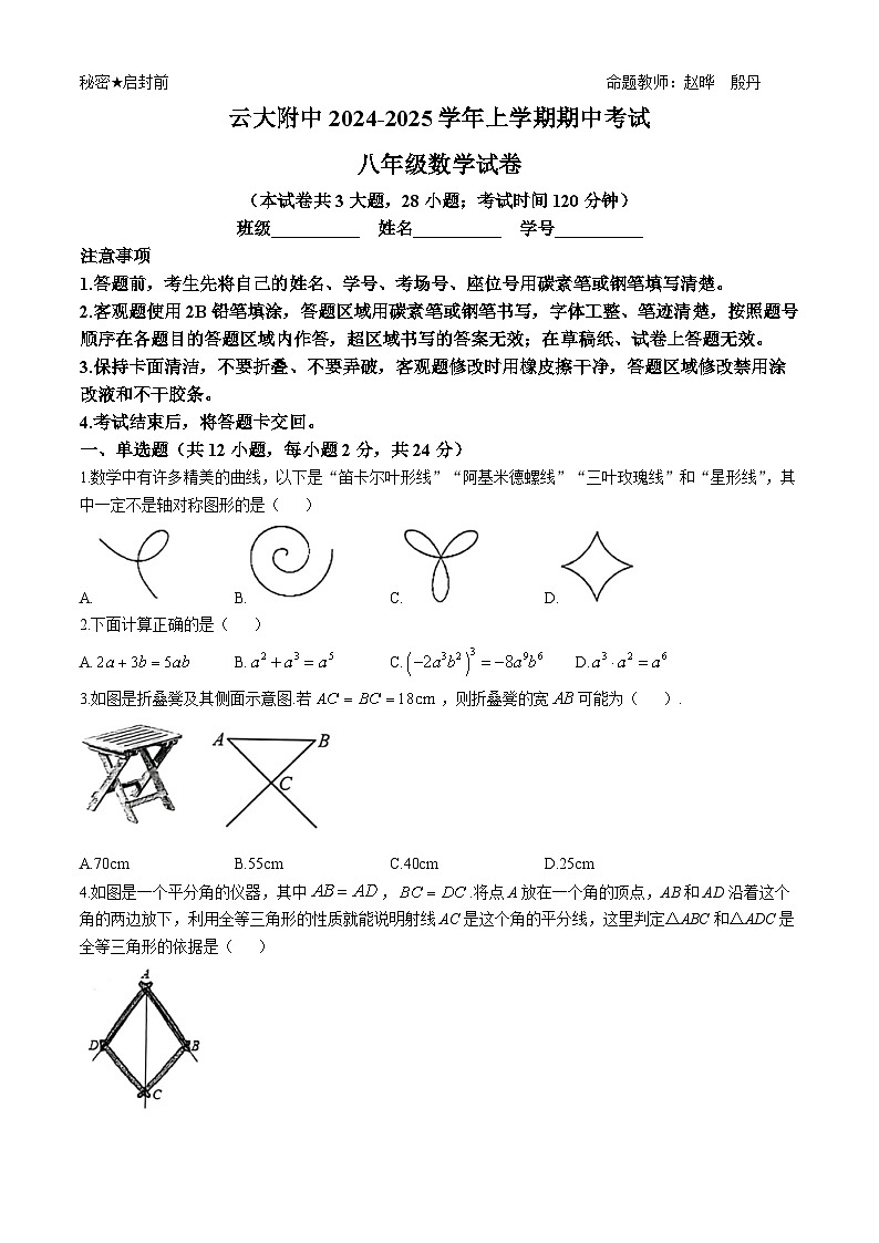 云南大学附属中学2024—2025学年上学期八年级期中考试数学试卷(无答案)第1页