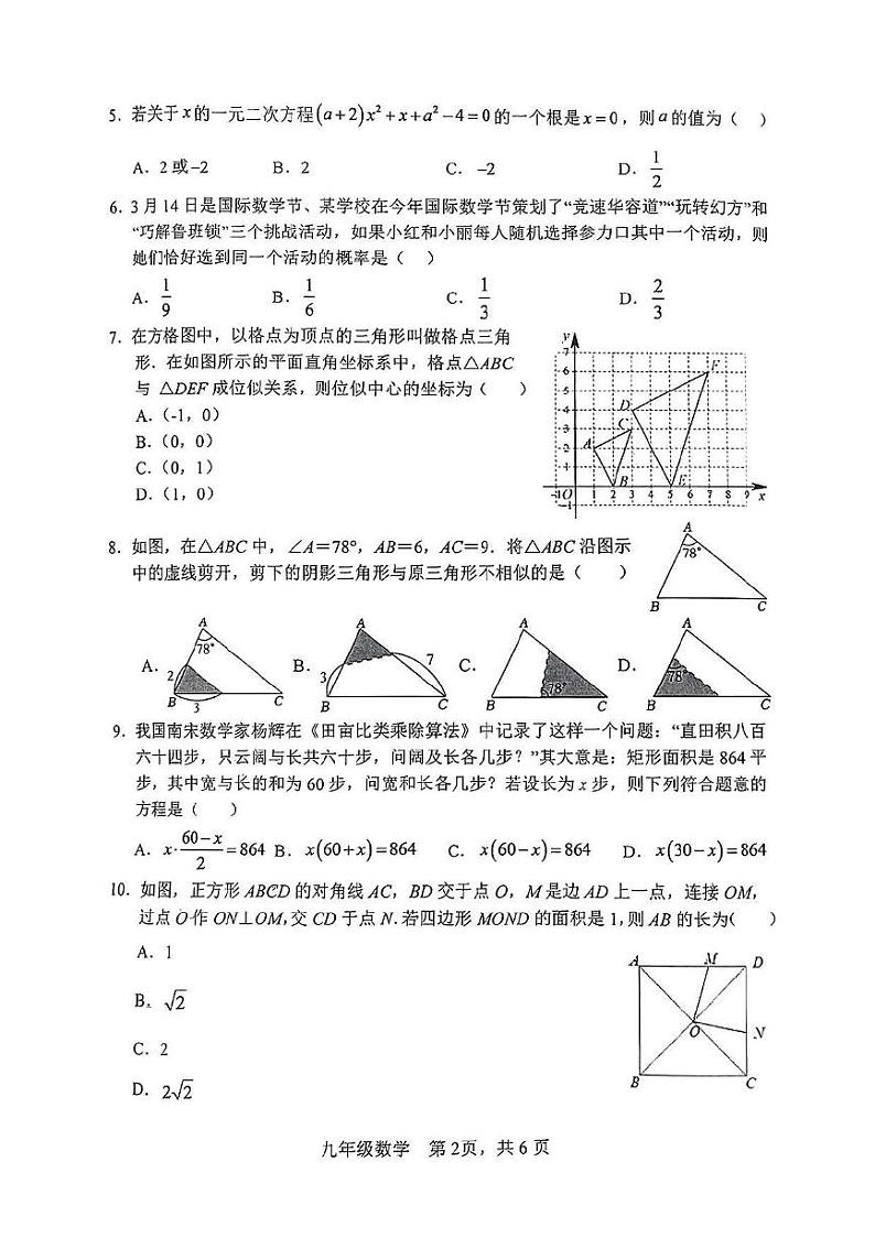 山东省枣庄市山亭区2024—2025学年上学期期中检测九年级数学 试题第2页
