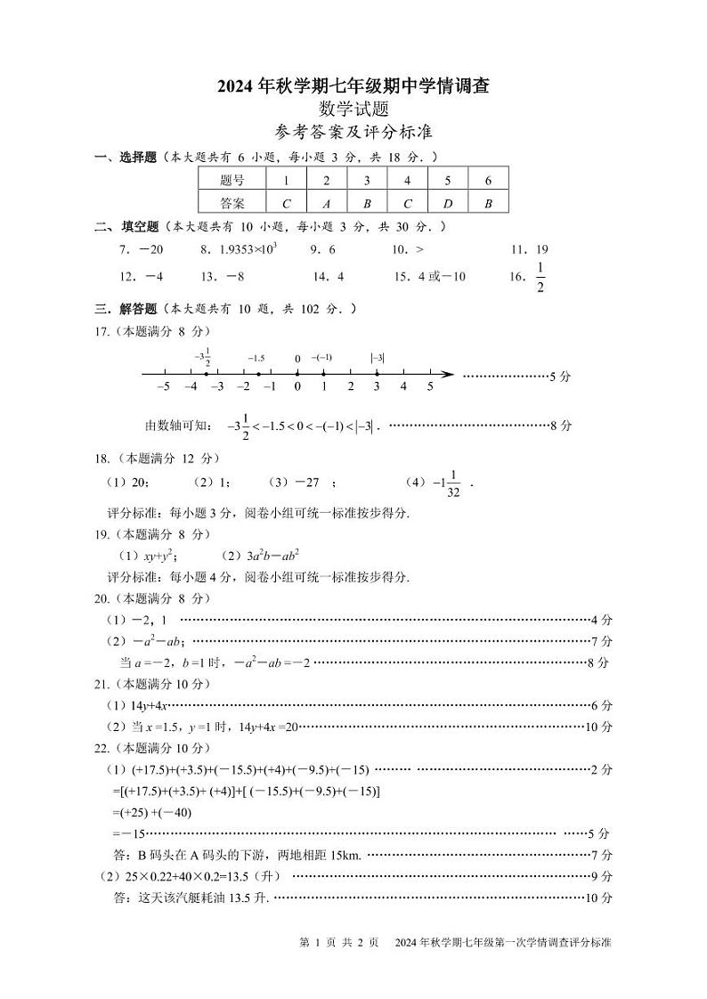 2024年秋七年级(上)期中考试参考答案及评分标准第1页