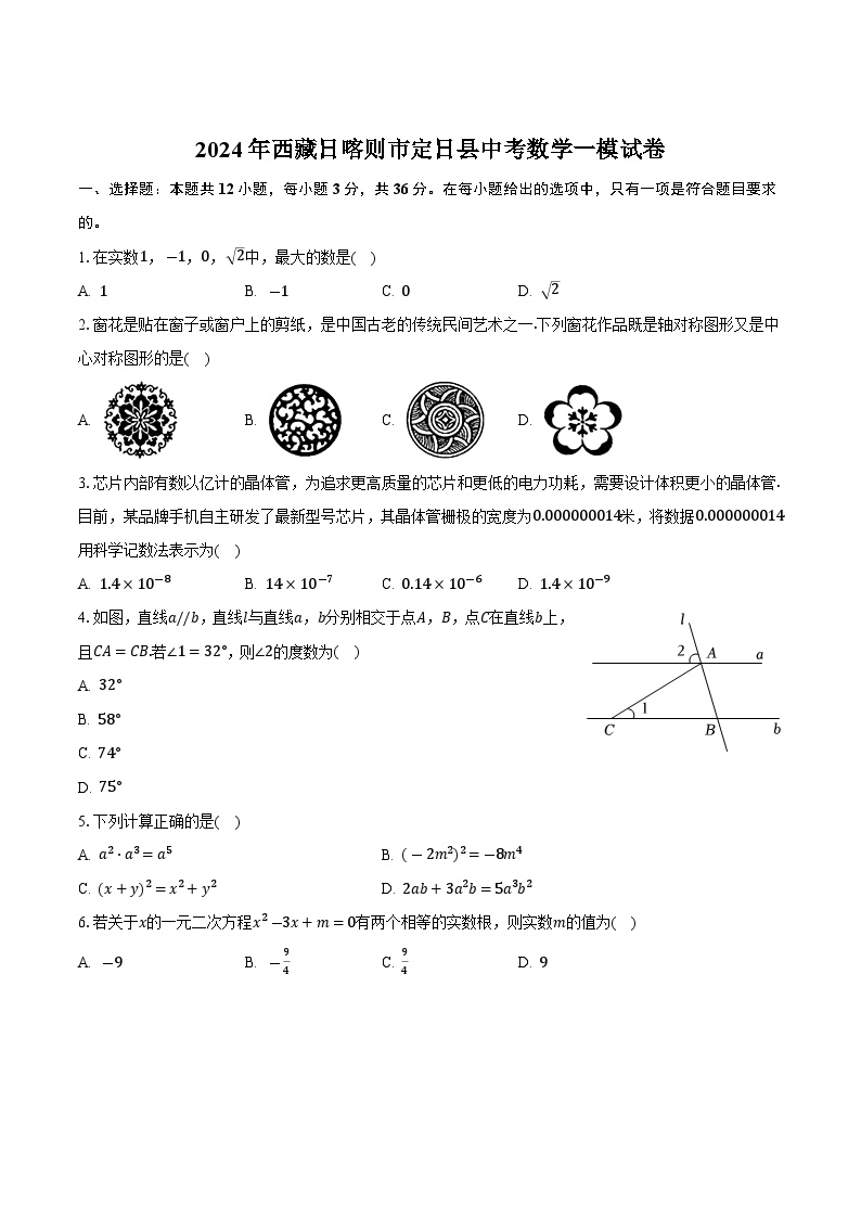 西藏日喀则市定日县2024届九年级下学期中考一模数学试卷(含答案)