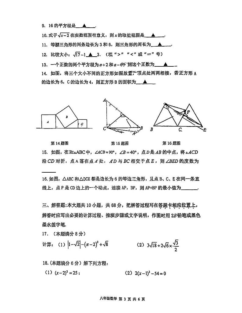 江苏省苏州市苏州工业园区青剑湖实验中学2024-2025学年八年级上学期11月期中考试数学试题第3页