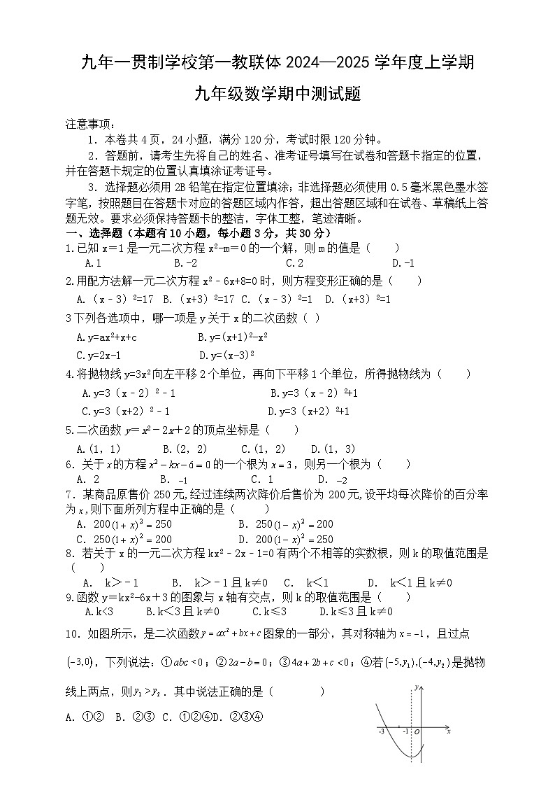 湖北省十堰市竹溪县九年一贯制学校第一教联体2024-2025学年九年级上学期11月期中考试数学试题01