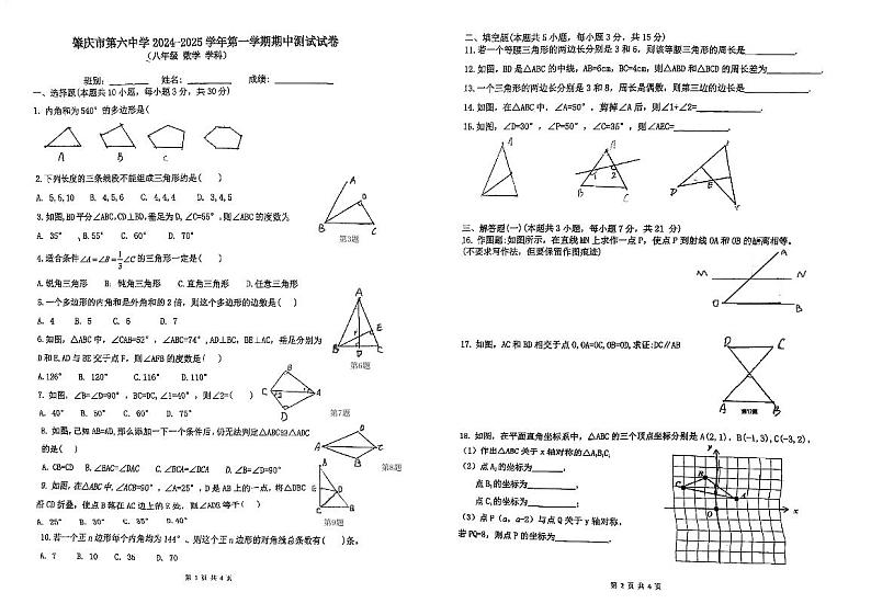 广东省肇庆市第六中学2024-2025学年八年级上学期期中考试数学试题第1页