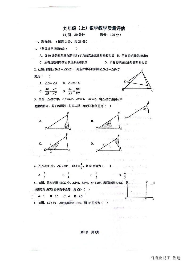 2023-2024学年山东省聊城市高唐第一实验中学九年级(上)第一次月考数学试卷.第1页
