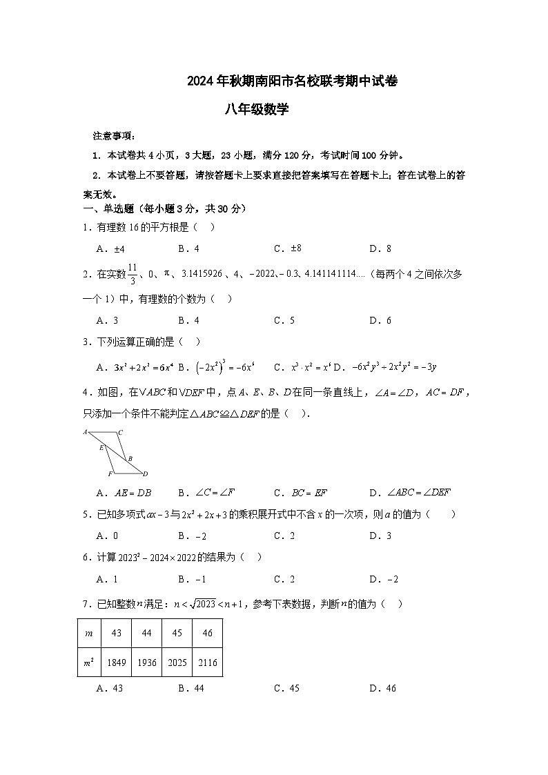 河南省南阳市名校联考2024-2025学年八年级上学期11月期中数学试题01