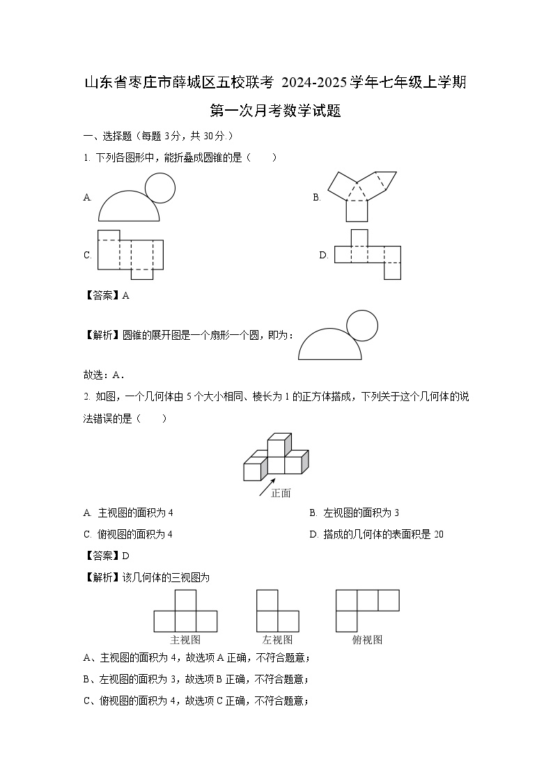 山东省枣庄市薛城区五校联考2024-2025学年七年级上学期第一次月考数学试卷（解析版）