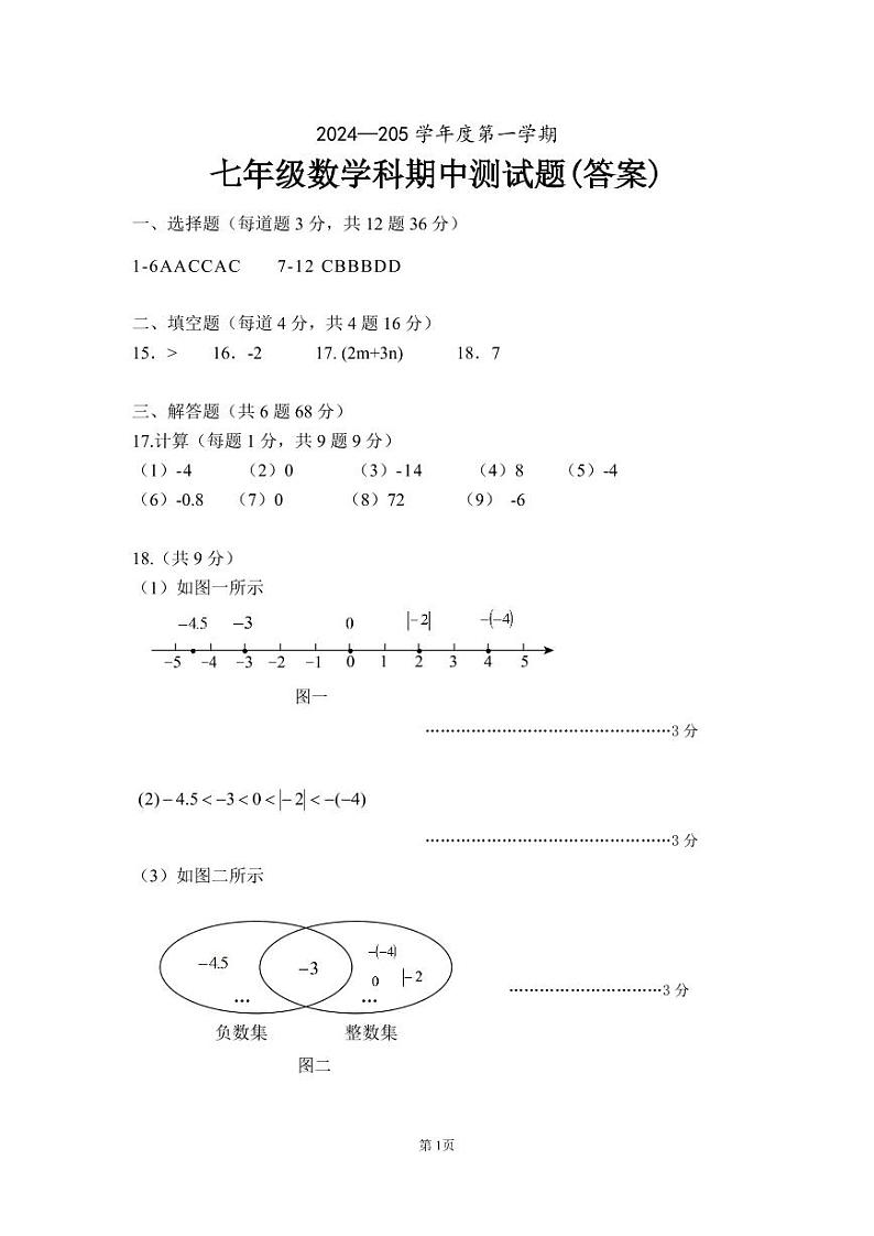2024—2025学年度第一学期海南省海口市第十四中学联考七年级数学科期中检测题答案第1页