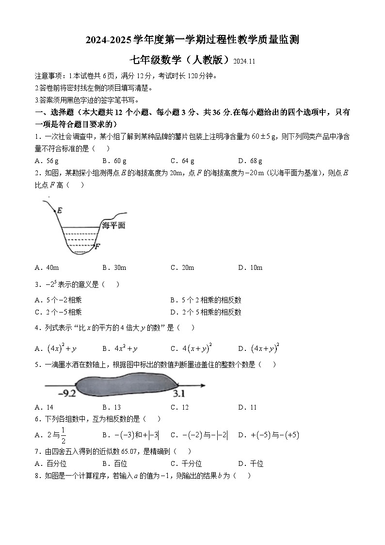 河北省廊坊市霸州市2024-2025学年七年级上学期11月期中数学试题第1页
