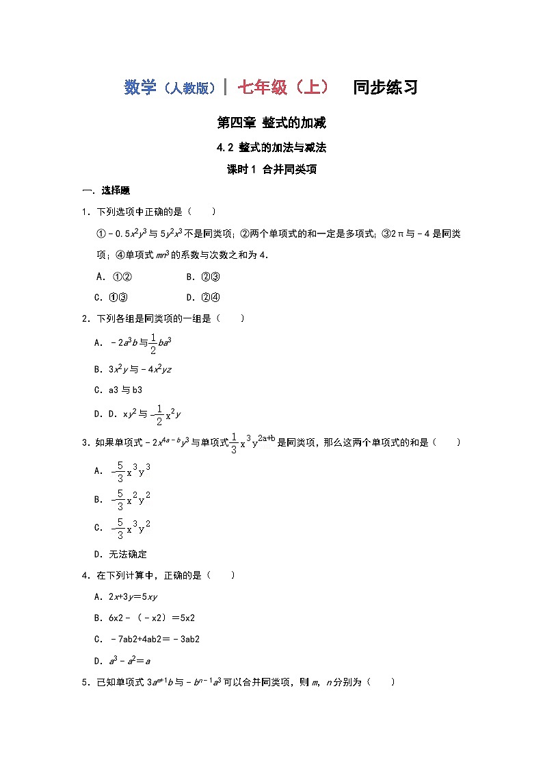 4.2整式的加法与减法 课时1 合并同类项同步练习2024-2025学年人教版数学七年级上册第1页