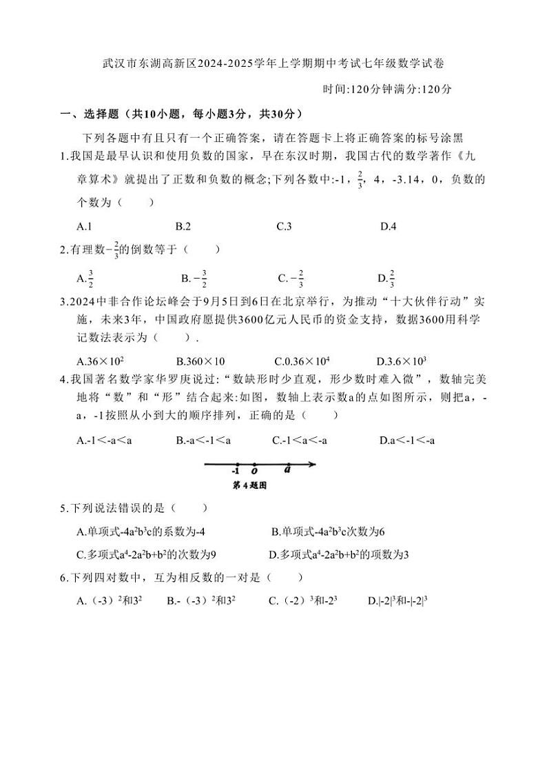 湖北省武汉市东湖高新区2024~2025学年七年级上学期期中考试数学试卷(含答案)第1页