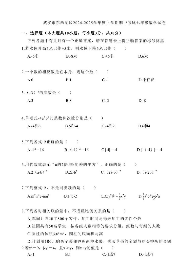 湖北省武汉市东西湖区2024~2025学年 上学期期中考试七年级数学试卷(含答案)第1页