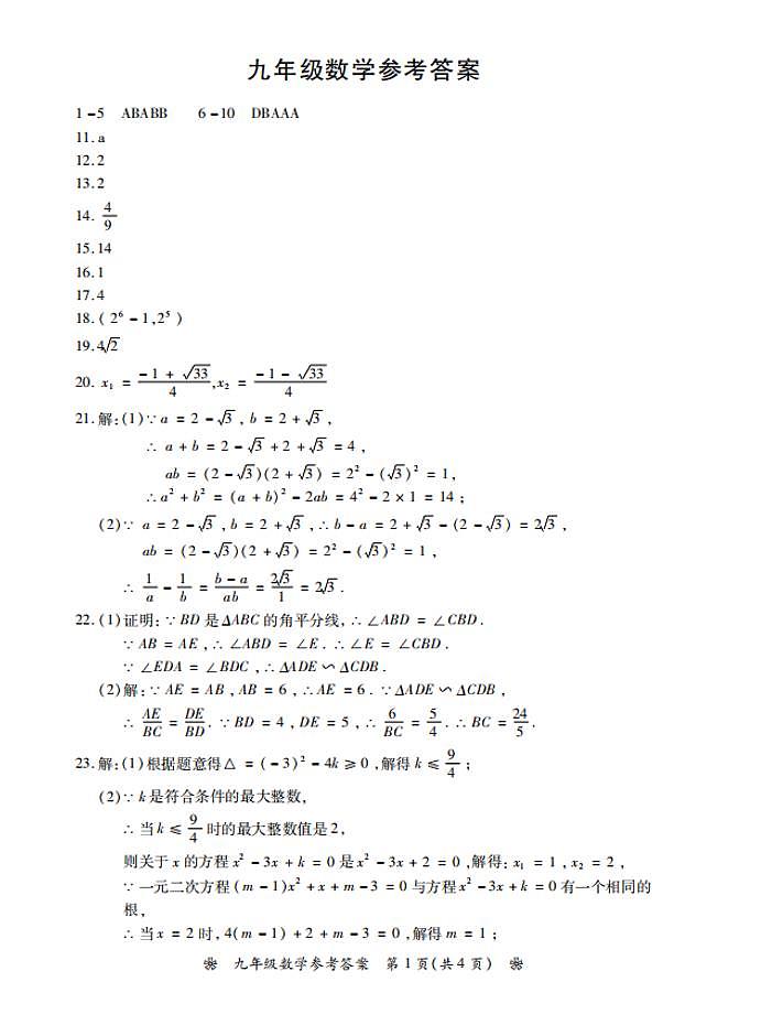 湖南衡阳蒸湘区联合考试2024年九年级上学期11月期中数学答案第1页