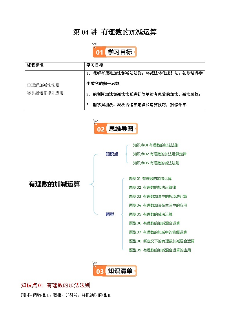 北师大版2024-2025学年七年级数学上册同步讲义第2章第04讲有理数的加减运算(学生版+解析)第1页