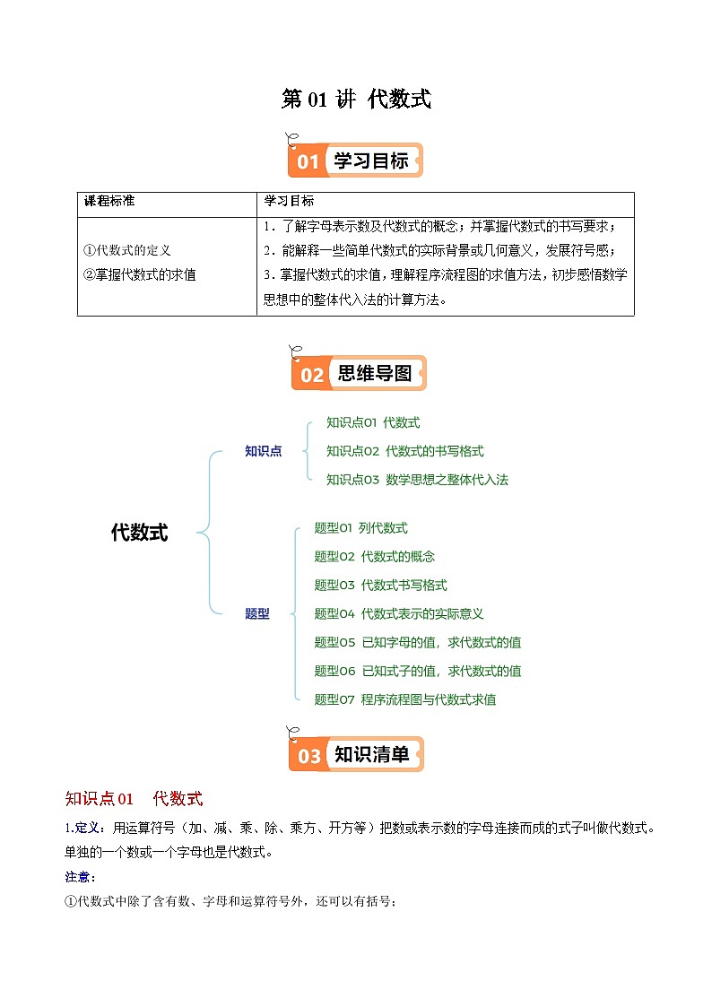 北师大版2024-2025学年七年级数学上册同步讲义第3章第01讲代数式(学生版+解析)01