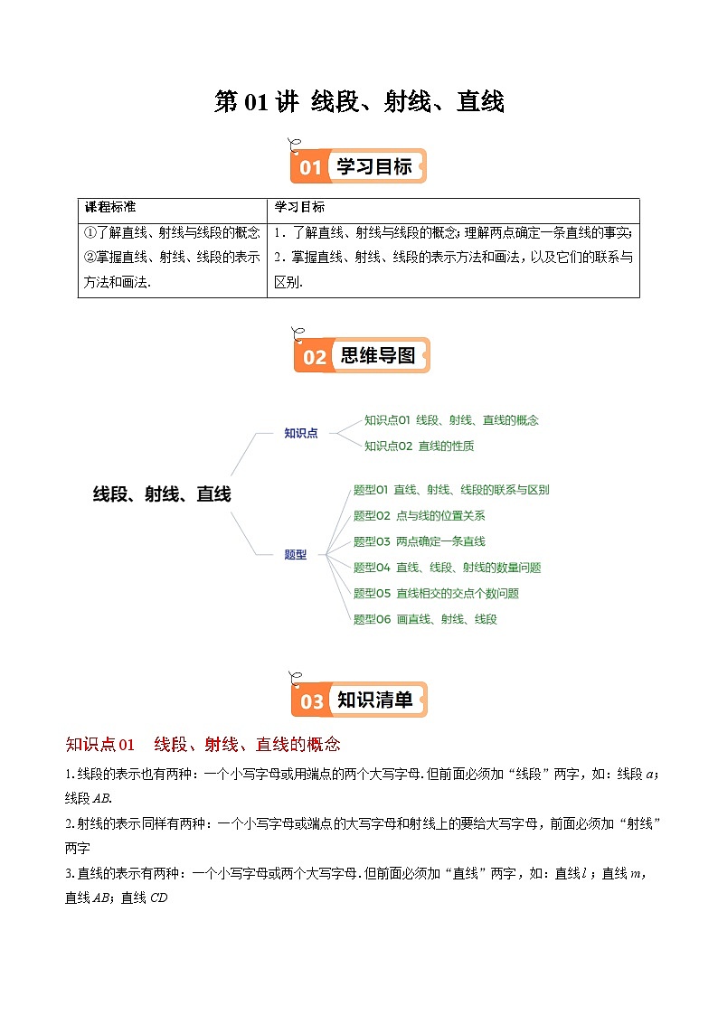 北师大版2024-2025学年七年级数学上册同步讲义第4章第01讲线段、射线、直线(学生版+解析)01