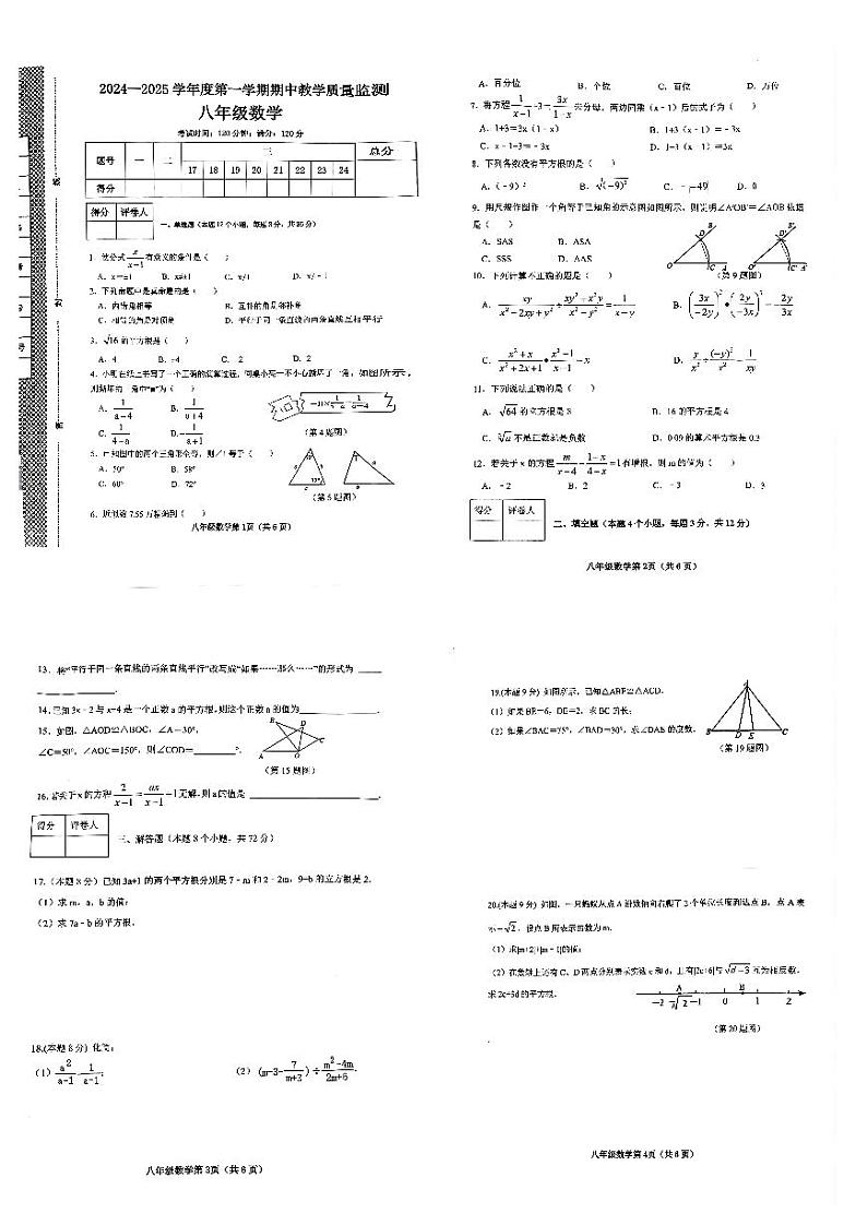 河北省邯郸市大名县2024-2025学年八年级上学期11月期中数学试题第1页