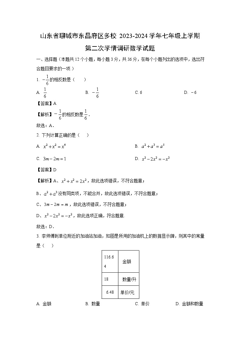 山东省聊城市东昌府区多校2023-2024学年七年级上学期第二次学情调研月考数学试卷(解析版)01