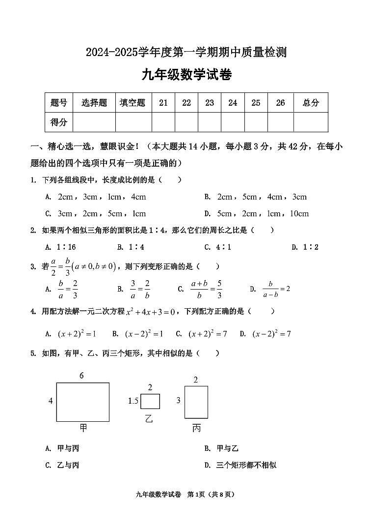 河北省秦皇岛市卢龙县2024-2025学年九年级上学期期中数学试题第1页