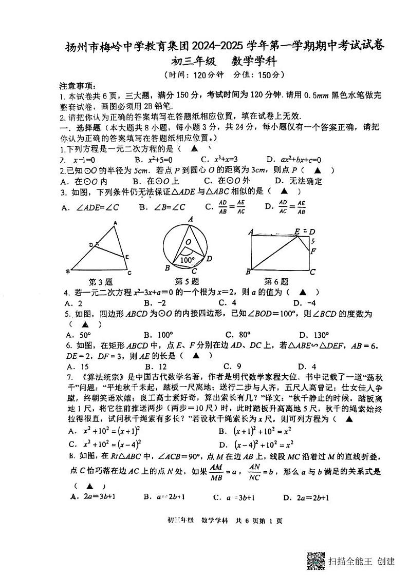 江苏省扬州市梅岭集团2024-2025学年九年级上学期11月期中数学试题01