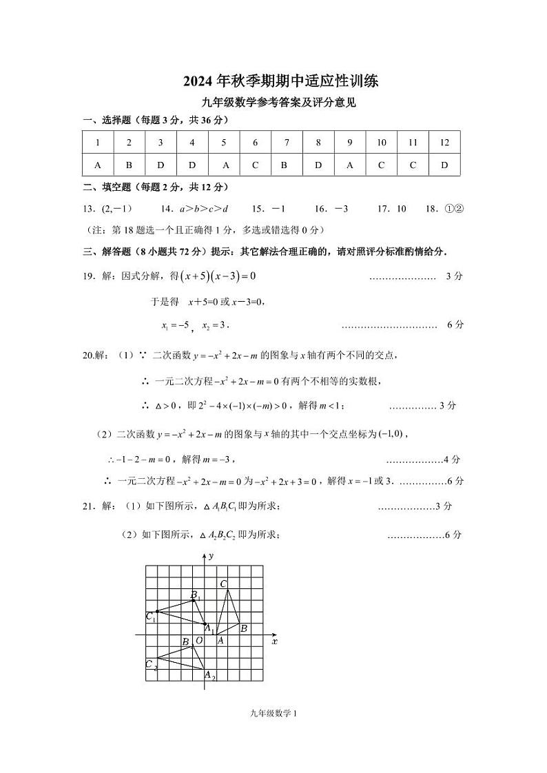 3.2024年秋季期期中适应性训练九年级数学参考答案及评分意见第1页