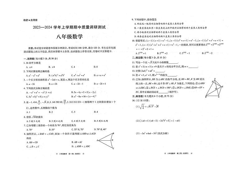 2023-2024学年河南省鹤壁市部分学校联考八年级(上)期中数学试卷第1页