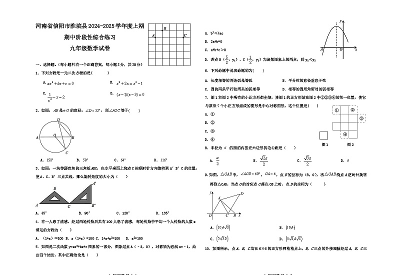 河南省信阳市淮滨县2024-2025学年上学期期中阶段性综合练习九年级数学试卷第1页