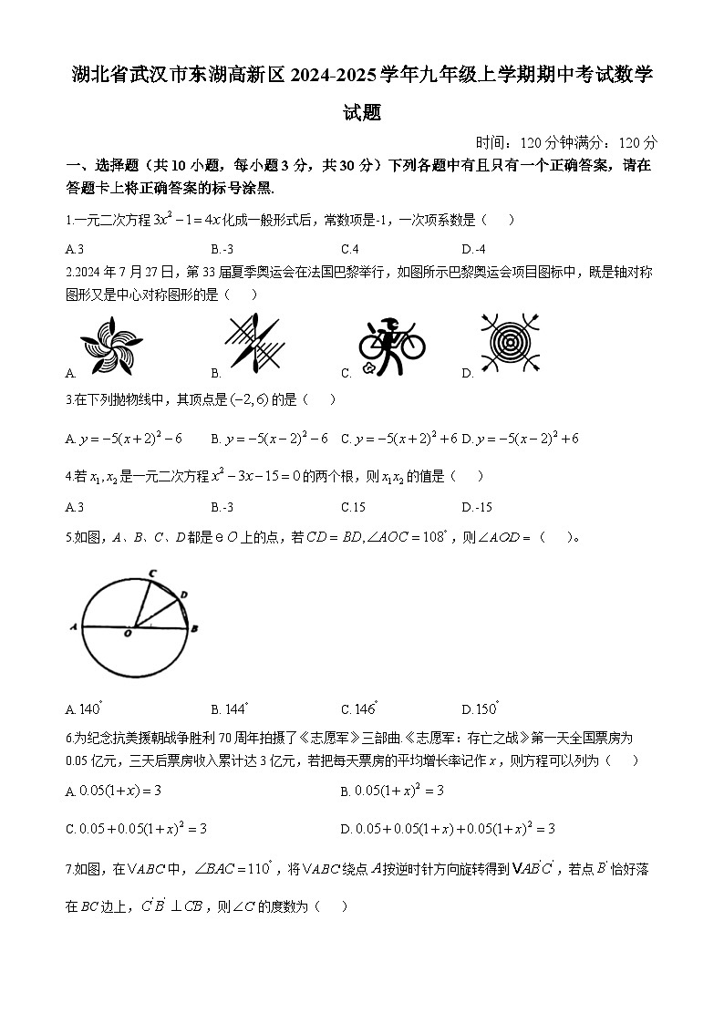 湖北省武汉市东湖高新区2024-2025学年九年级上学期期中考试数学试题01