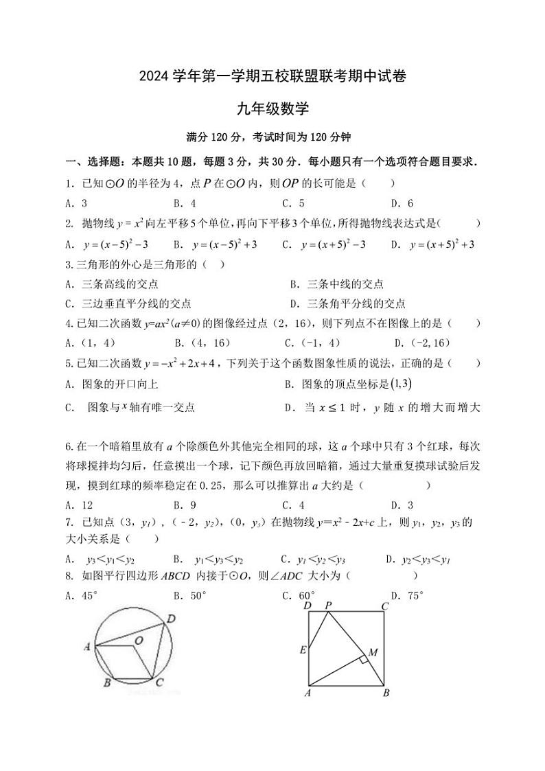 浙江省绍兴市新昌县农村初中五校联考2024~2025学年九年级上学期11月期中数学试题(含答案)第1页