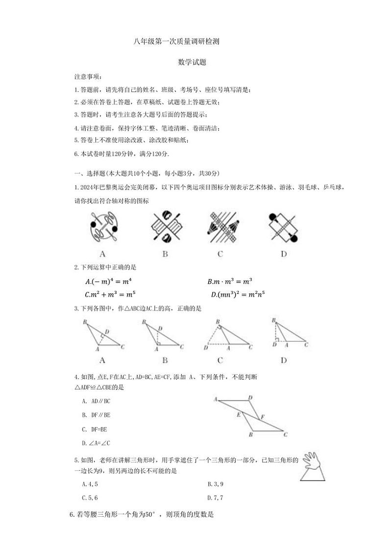 湖南省长沙市湖南师大附中教育集团2024~2025学年八年级上学期期中考试数学试题(含答案)第1页