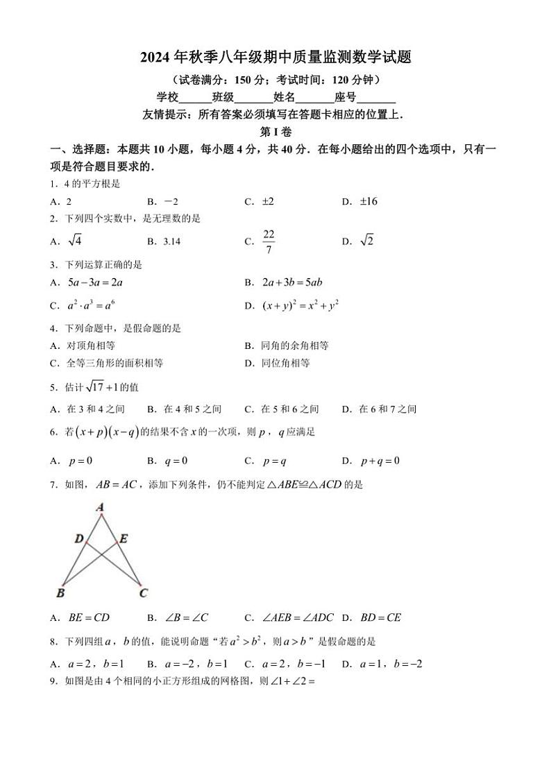 福建省泉州市安溪县2024~2025学年八年级上学期期中数学试卷(含答案)第1页