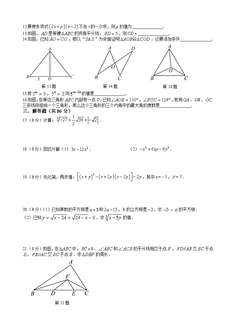 福建省泉州市永春县第一中学2024-2025学年上学期 八年级期中考试数学卷02