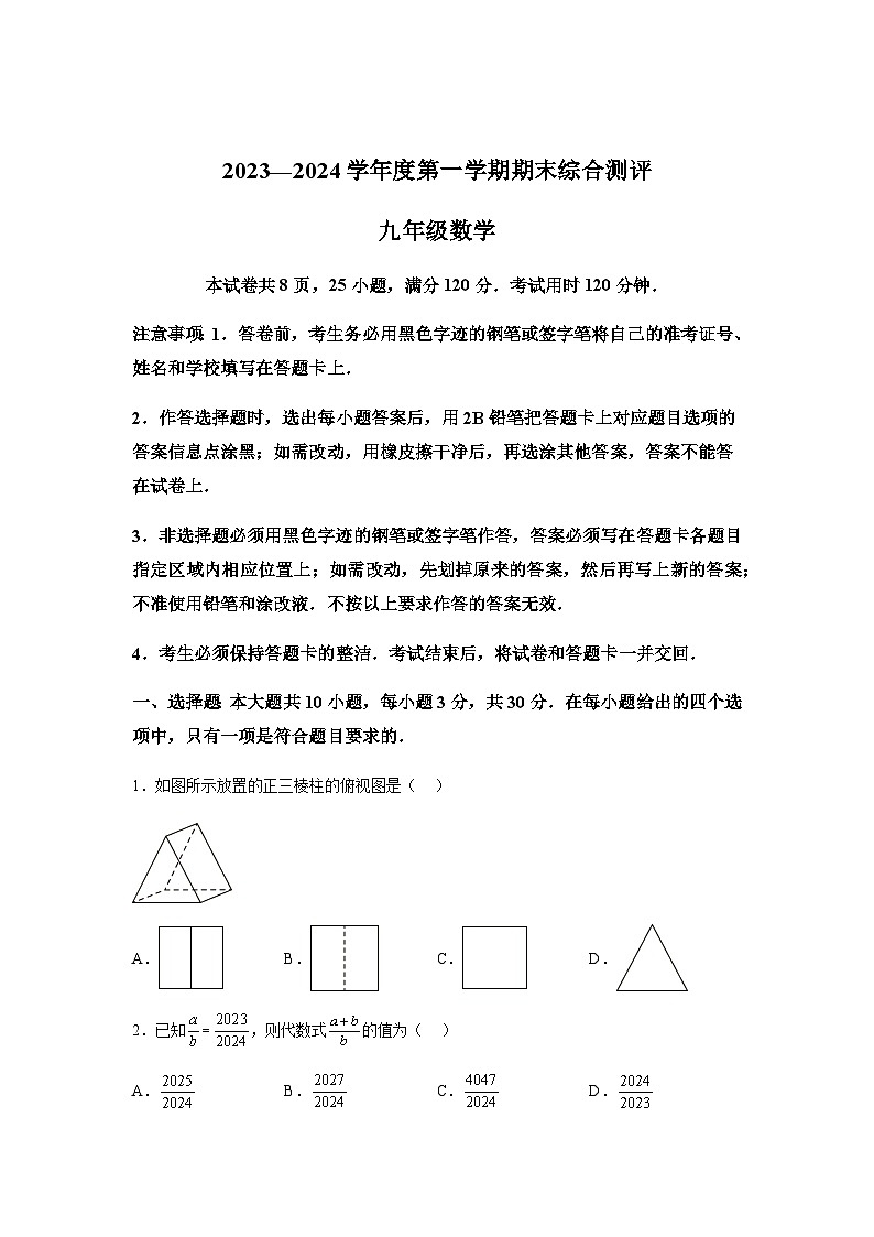广东省河源市紫金县2023-2024学年九年级上学期期末数学试题(含解析)第1页