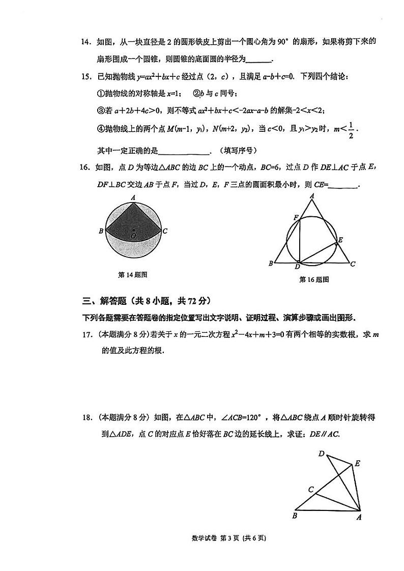 2023-2024学年湖北省武汉市青山区九年级(上)期末数学试卷第3页