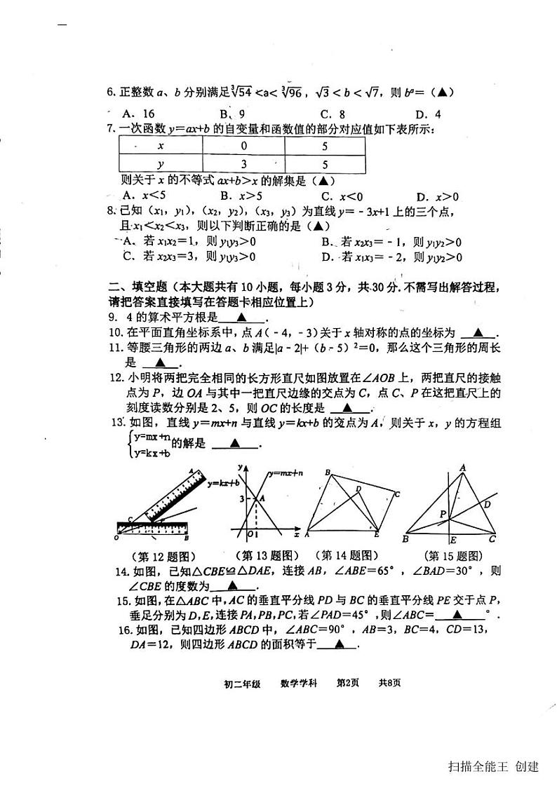2023-2024学年江苏省扬州市梅岭中学教育集团八年级(上)期末数学试卷第2页