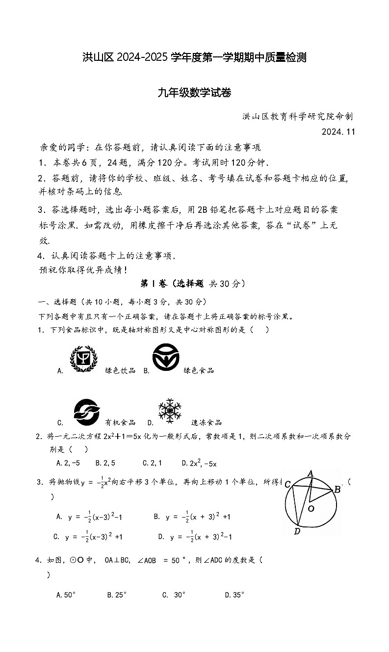 湖北省武汉市洪山区2024-2025学年九年级上学期期中考试数学试卷第1页