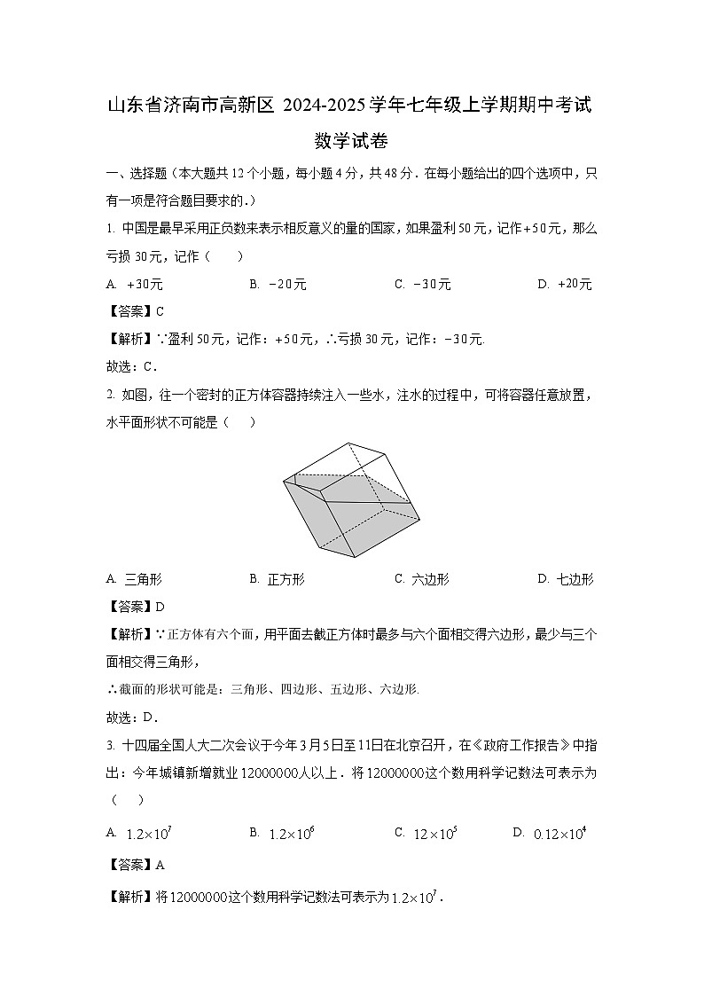 山东省济南市高新区2024-2025学年七年级上学期期中考试数学试卷(解析版)第1页
