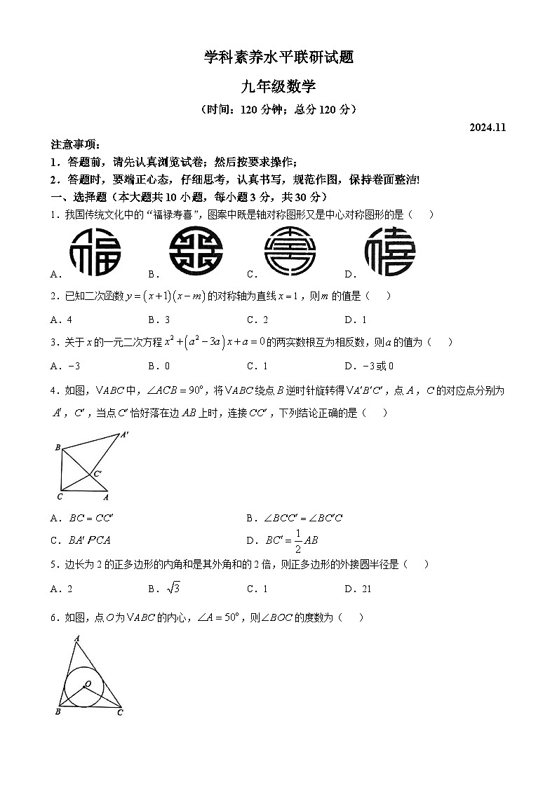 山东省临沂市罗庄区2024-2025学年九年级上学期11月期中数学试题第1页