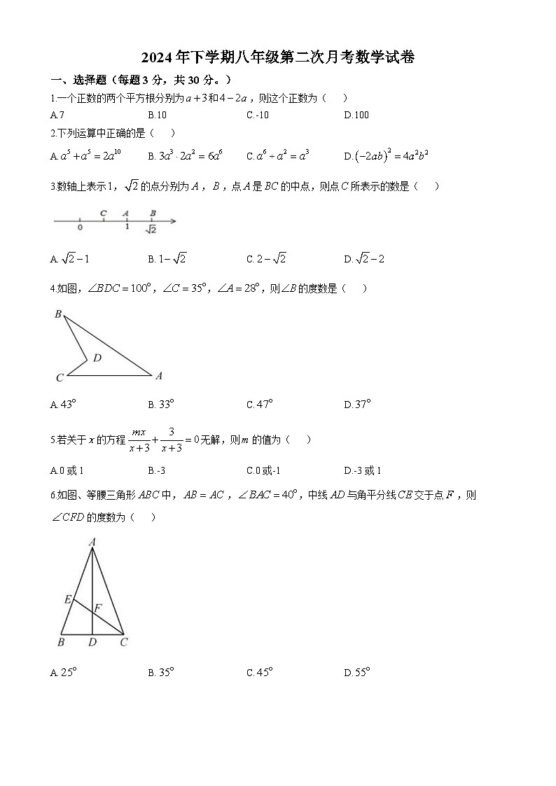 湖南省邵阳市新宁县城区及周边期中联考2024-2025学年八年级上学期11月期中数学试题(无答案)第1页