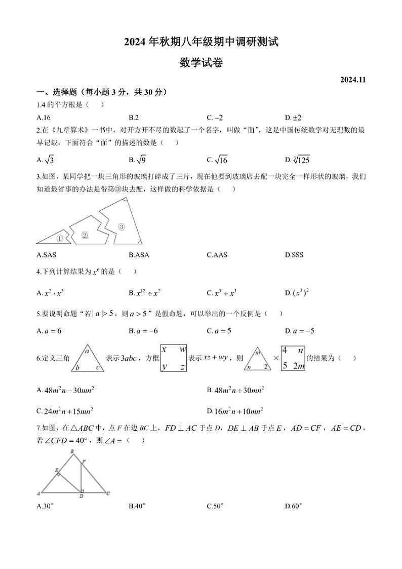 河南省南阳市镇平县2024~2025学年八年级(上)期中数学试卷(含答案)第1页
