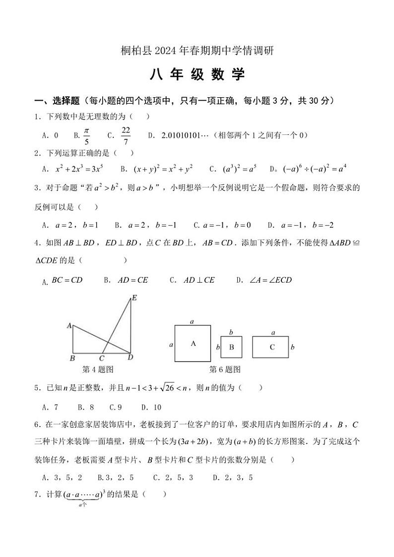 河南省南阳市桐柏县2024~2025学年八年级(上)期中数学试卷(含答案)第1页