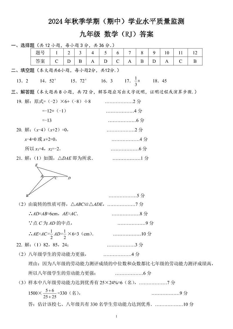 九年级 数学(RJ)期中 答案第1页