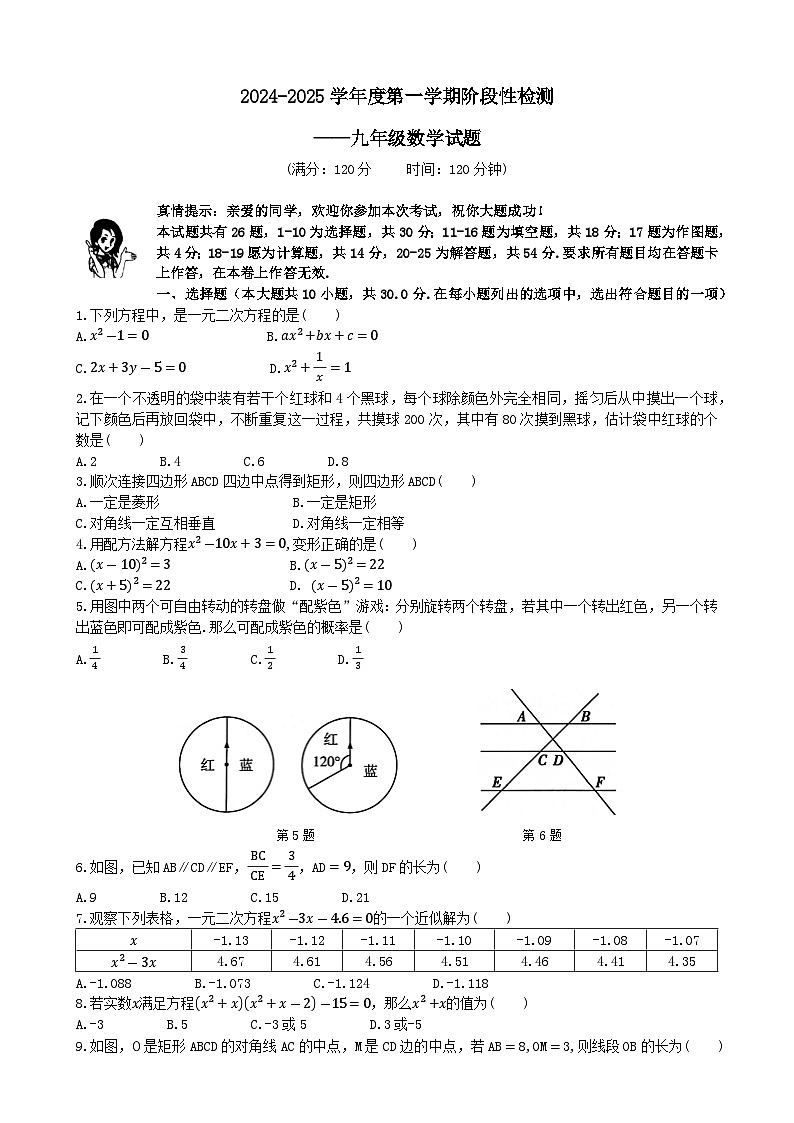 山东省青岛市青岛大学附属中学2024-2025学年九年级上学期期中考试数学试题第1页