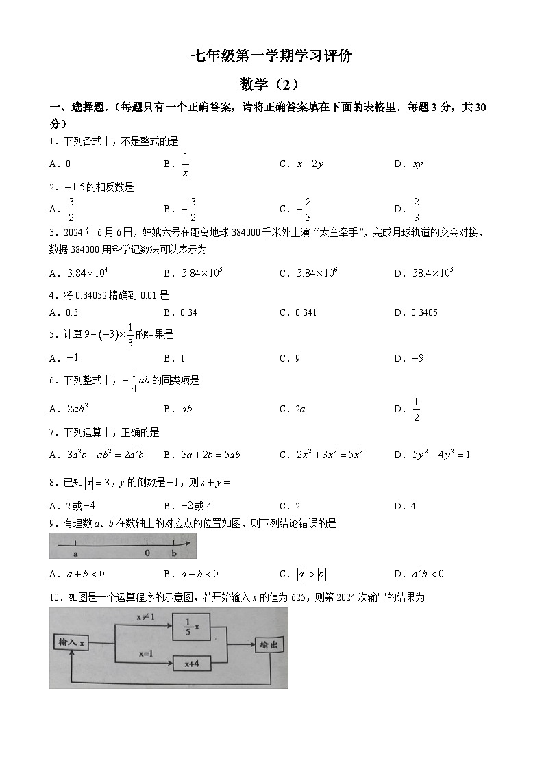 河南省新乡市原阳县路寨乡贾村实验学校2024-2025学年七年级上学期11月期中数学试题(无答案)第1页