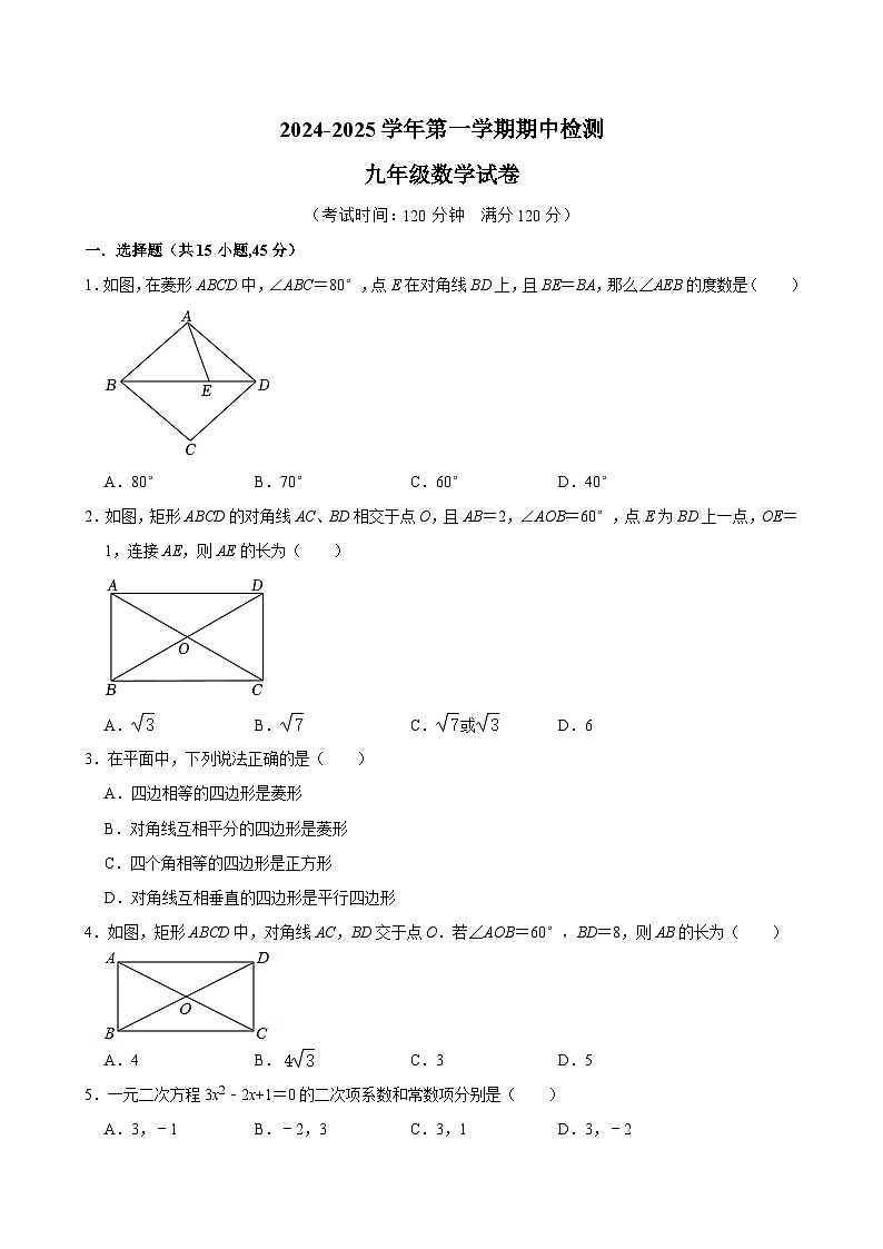 广东省清远市连南县2024-2025学年九年级上学期期中检测数学试卷第1页
