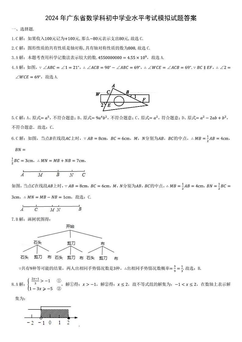 2024年广东省数学科初中学业水平考试模拟试题答案第1页