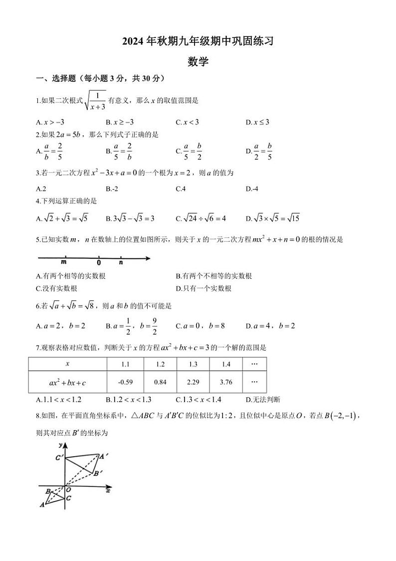 河南省南阳市南召县2024~2025学年九年级(上)期中数学试卷(含答案)01