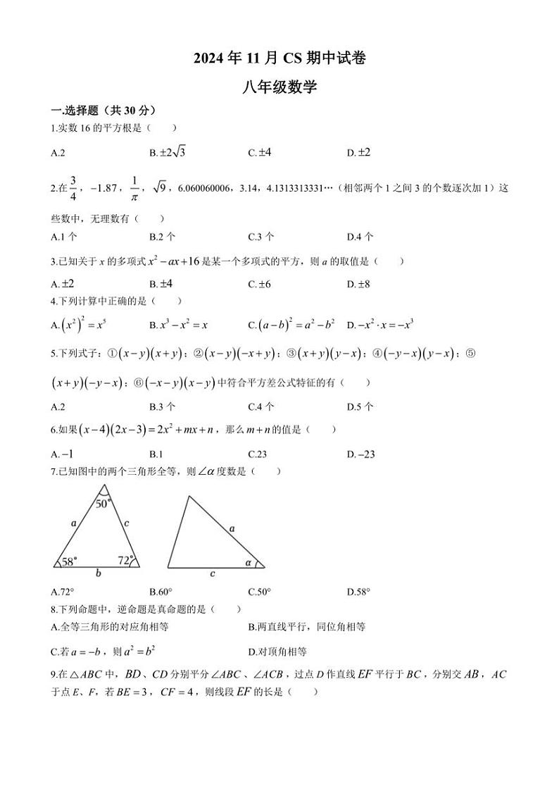 湖南省衡阳市船山实验中学2024~2025学年八年级(上)数学期中测试卷(含答案)第1页