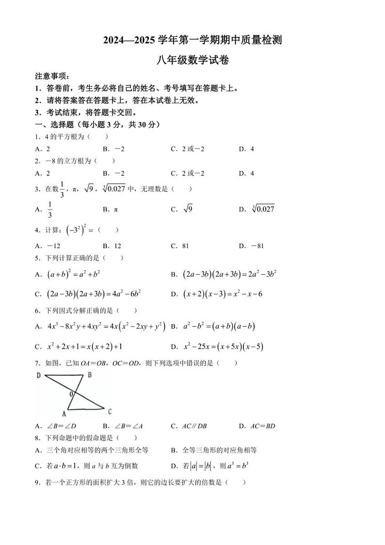 河南省洛阳市宜阳县2024~2025学年八年级(上)期中数学试卷(含答案)第1页