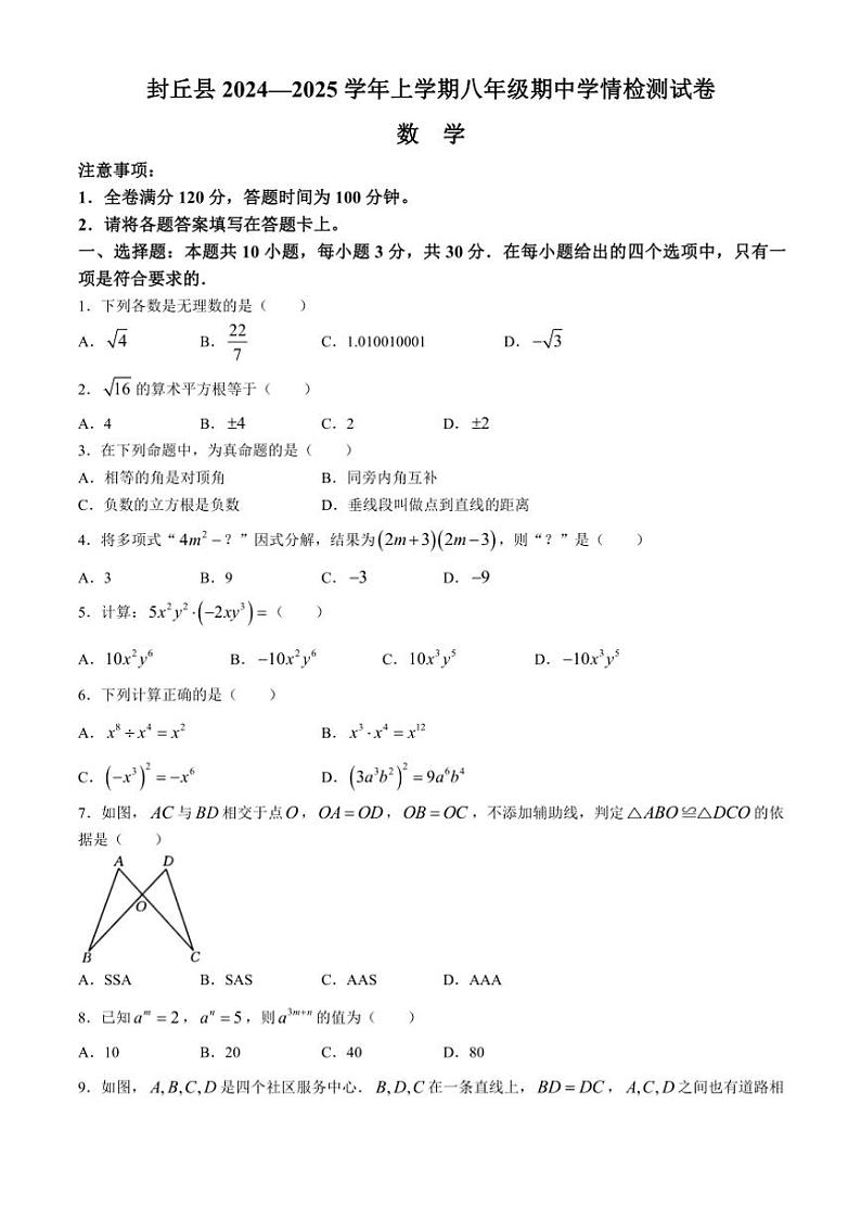 河南省新乡市封丘县2024~2025学年八年级(上)期中数学试卷(含答案)第1页